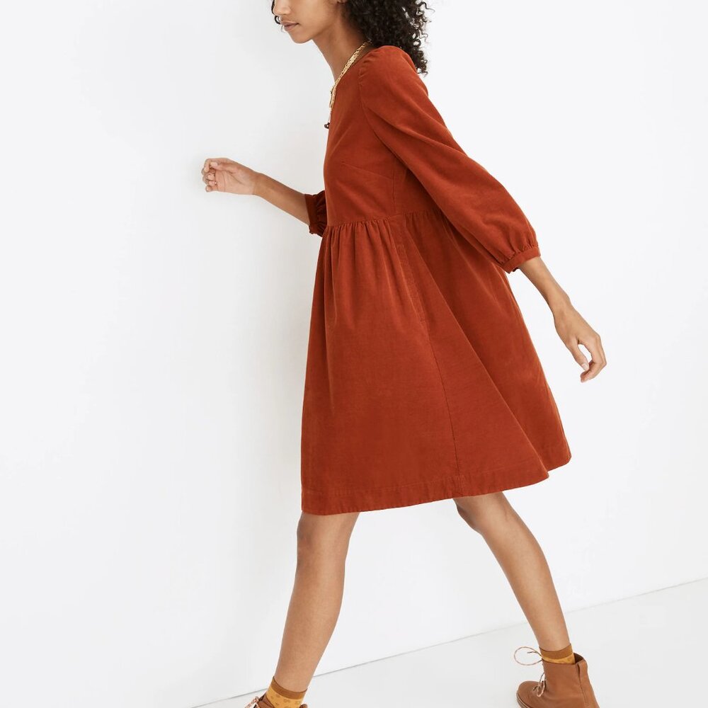Madewell Corduroy Puff-Sleeve Mini Dress 90s Inspired Faded Rust Size Medium - Picture 2 of 8